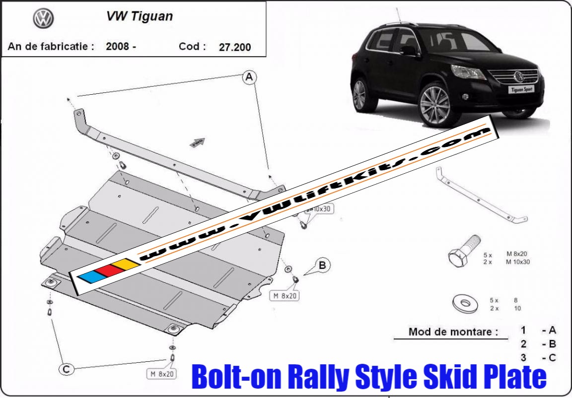 Bolt On Rally Style Steel Skid Plate for VW Tiguan 2008-2015.
